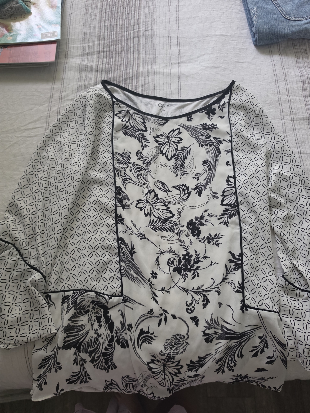 LOFT Black and White Mixed-Print Paneled Blouse